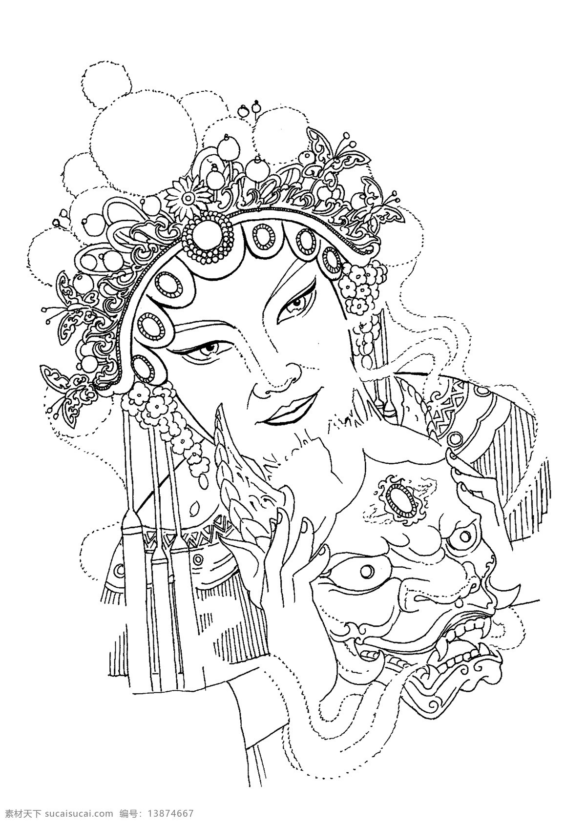 花纹 图腾 纹身 图案 人物 纹身图案 黑白线描 纹身底图 古典唯美 美女野兽 绘画书法 文化艺术