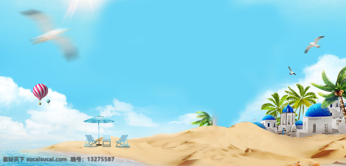 海鸥 蓝色 大海 沙滩 banner 背景 唯美 蓝色大海