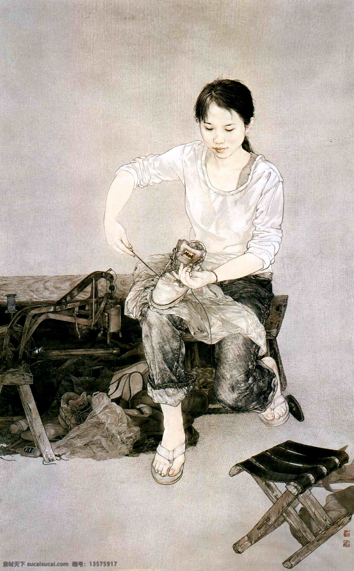 表情 彩墨画 发型 服饰 姑娘 国画艺术 绘画 绘画书法 阿杏 中国画 工笔重彩画 人物 少女 靓女 女子 姿态 修鞋 补鞋 书法 印章 国画集38 文化艺术 家居装饰素材 雕刻 图案