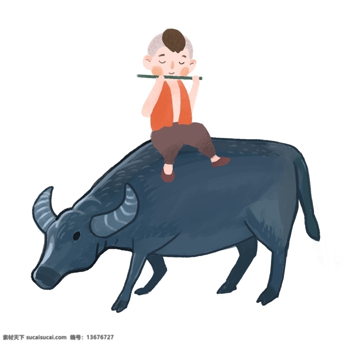 一个 坐在 牛 背上 吹 笛 小孩 放牛娃 牧童 牛背 吹笛 儿童 放牛 吹笛子的牧童 放牛的牧童 牛背上的小孩