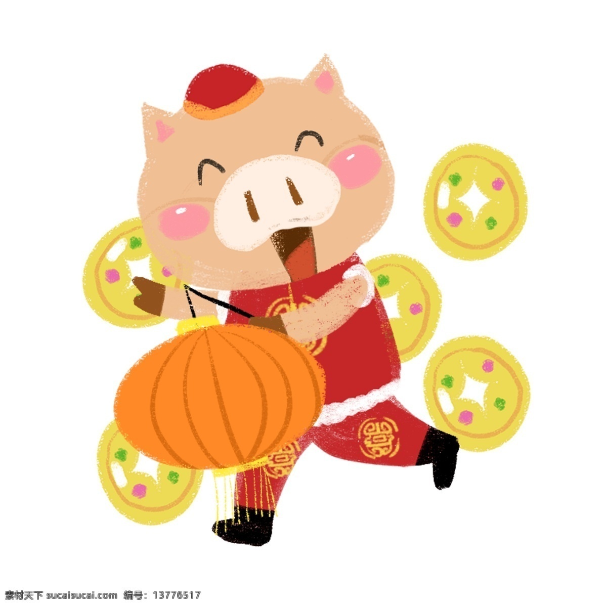 猪 新年 手绘 卡通 人物 彩色 装饰 平面设计 原创 透明底 免抠 节日 海报装饰 清新 通用 新年2019