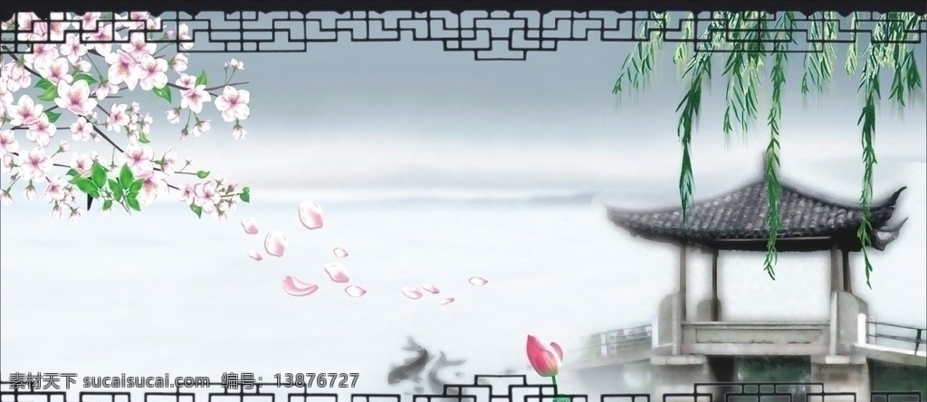 越剧背景 桃花 杨柳 亭子 山 水 矢量 cdr9