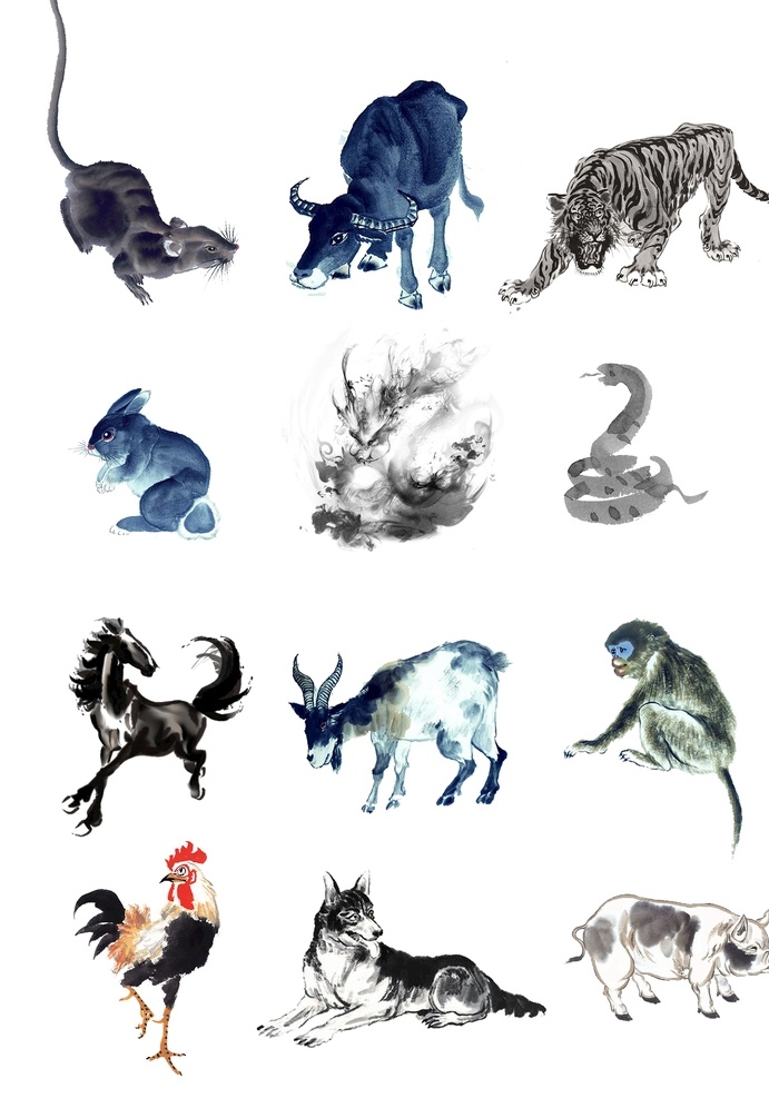 十二生肖素材 生肖 属相 十二生肖 水墨动物 动物