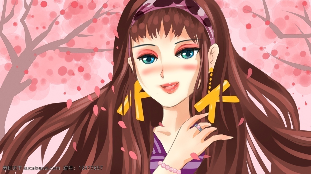 邂逅 字母 k 樱花 树下 带 夸张 耳饰 少女 樱花树 化妆 落叶 发带 耳坠