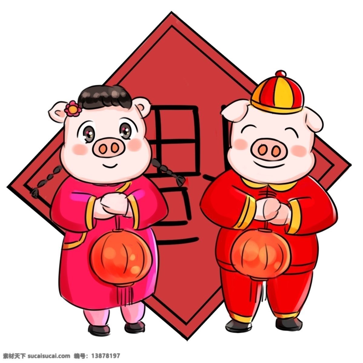 2019 猪年 新年 祝福 系列 卡通 手绘 q 版 新气象 手绘卡通 粉红猪 可爱 团聚 过年 烟花 q版 新年祝福