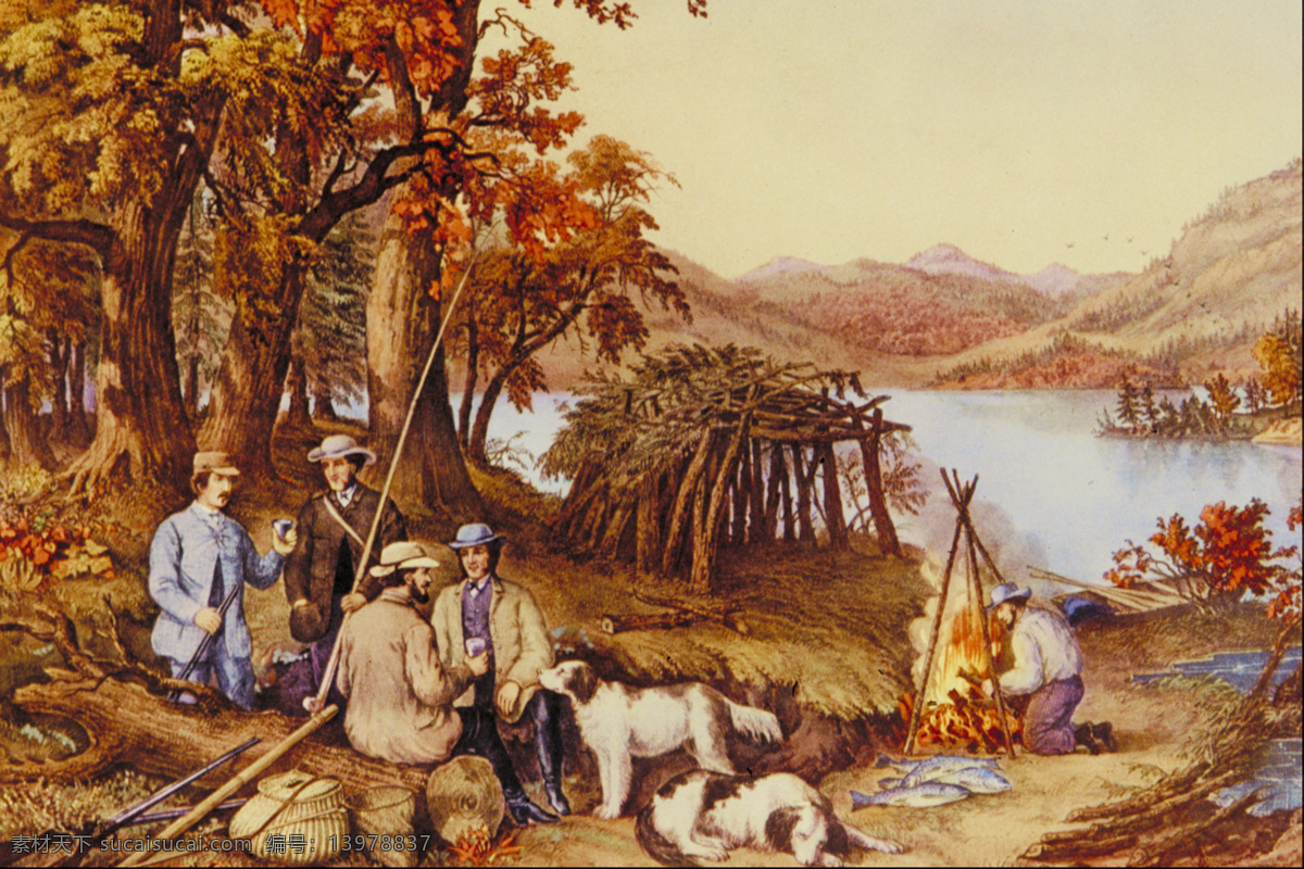 传统文化 法国风情 河水 绘画书法 蓝天 美景 人物油画 山 山水画 国外 山水 油画 山水油画 树林 国外传世名画 打猎 壮观景色 迷人 文化艺术