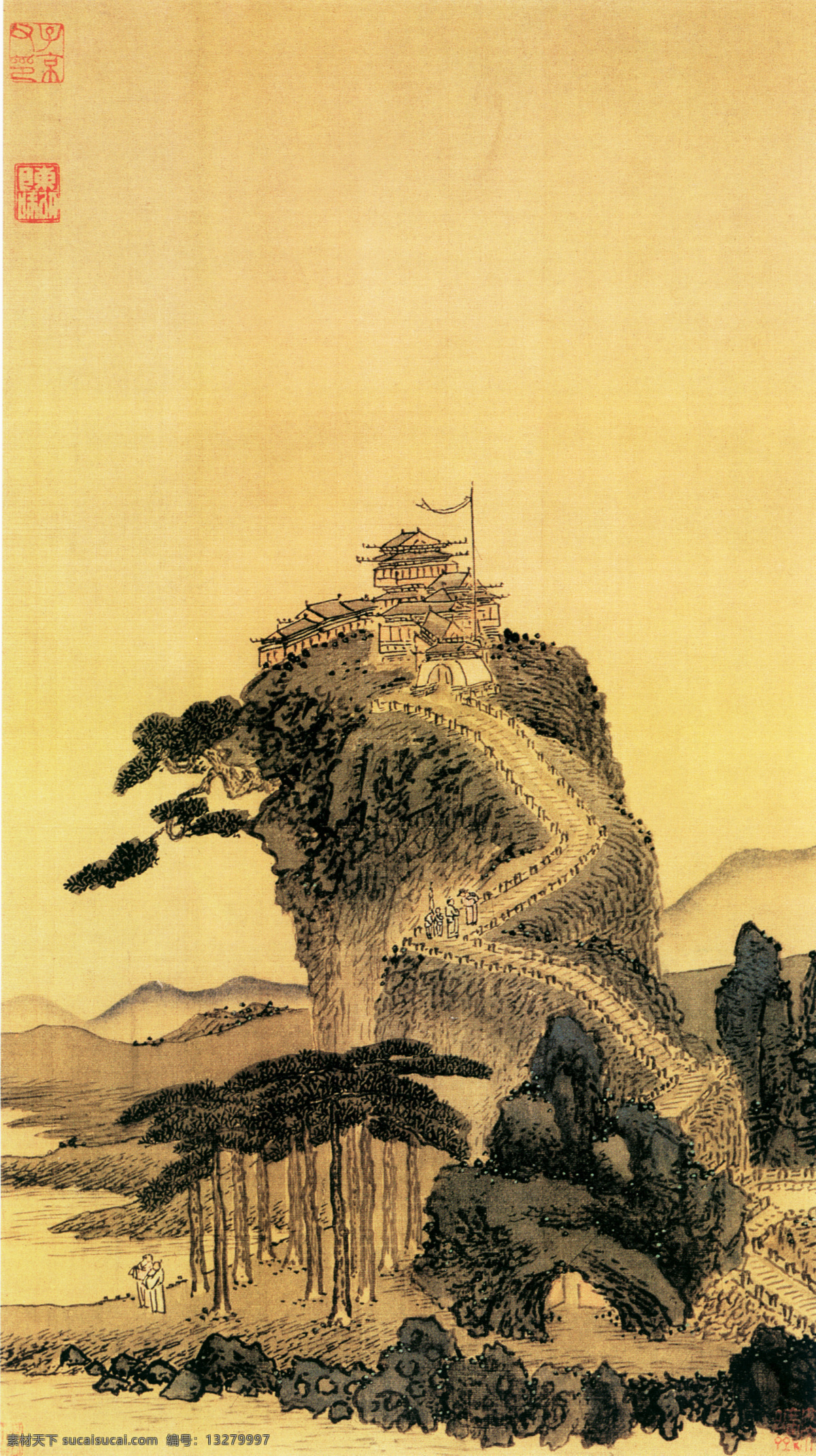 山水 名画 书画 两江 名胜 图 之一 古画 山水画 书画真迹 中国水墨画 名家沈周 文化艺术
