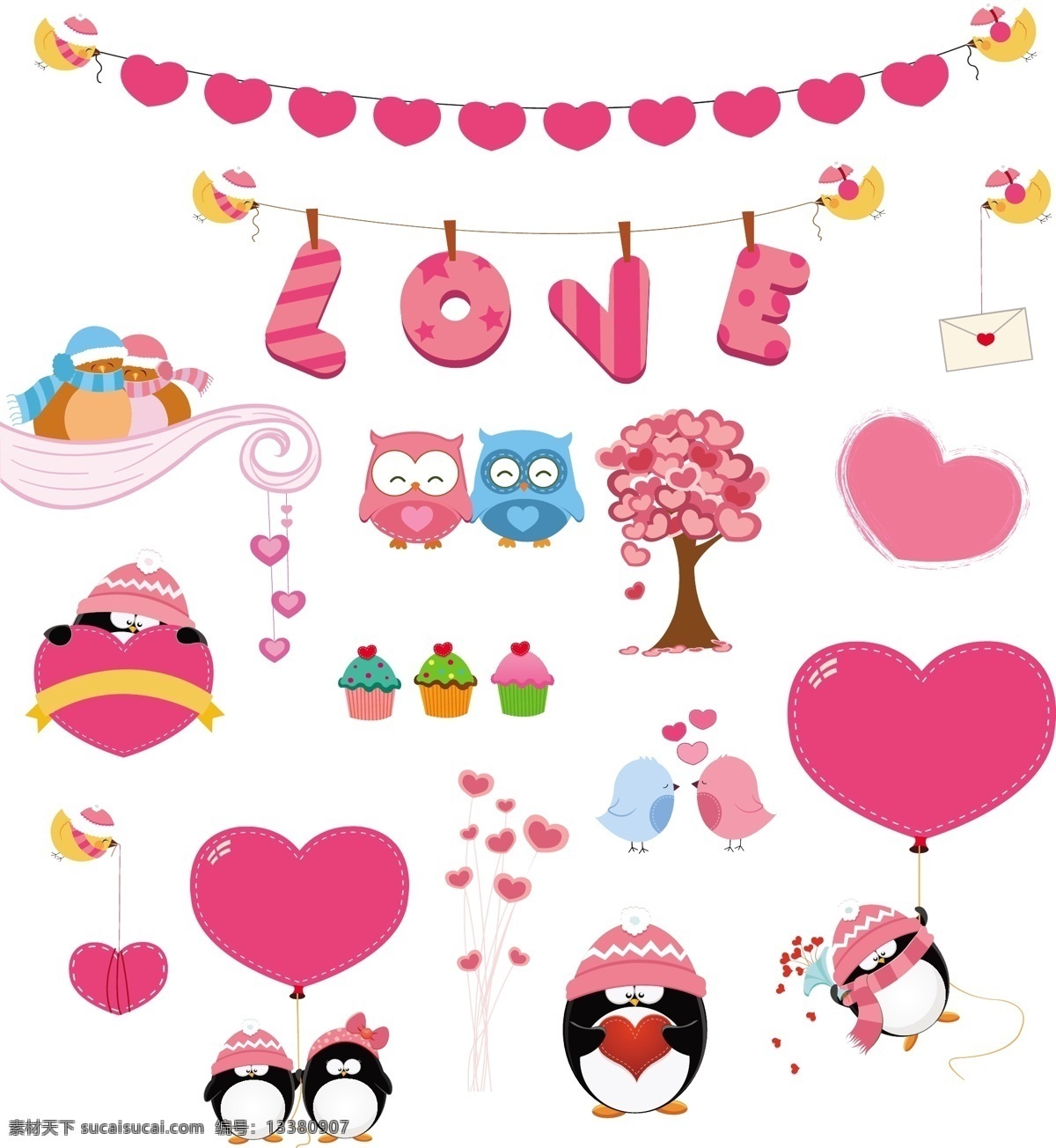 粉色 爱心 元素 矢量 鸟 冬季 爱心树 气球 情侣 猫头鹰 蛋糕 企鹅 love 情人节 矢量图