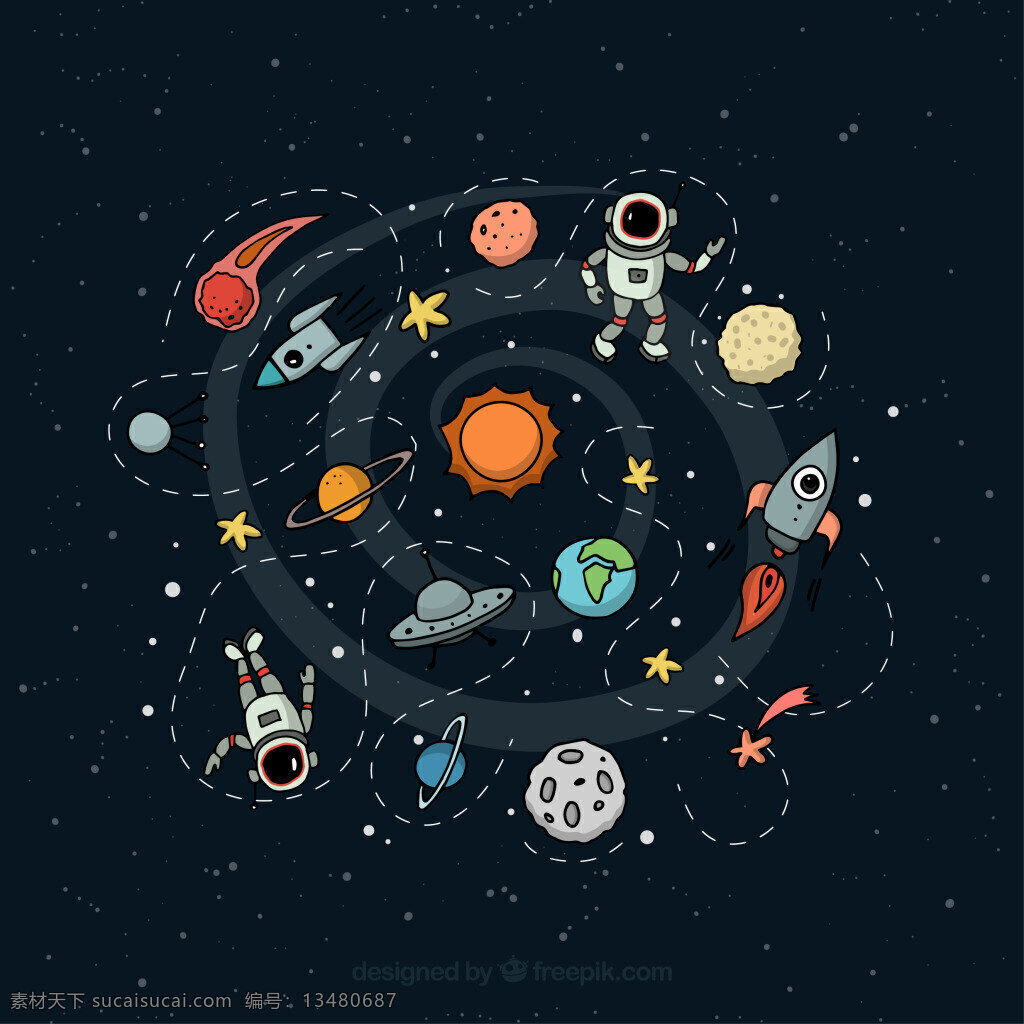 创意 太空 宇航员 插画 矢量 地球 飞碟 火箭 金星 木星 矢量图 太阳系 天王星 行星 宇宙