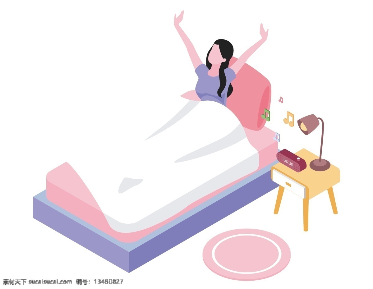 卡通美女 起床 元素 卡通 卧室 床头柜 台灯 美女 手绘 脚踏垫 早晨 ai元素 矢量元素