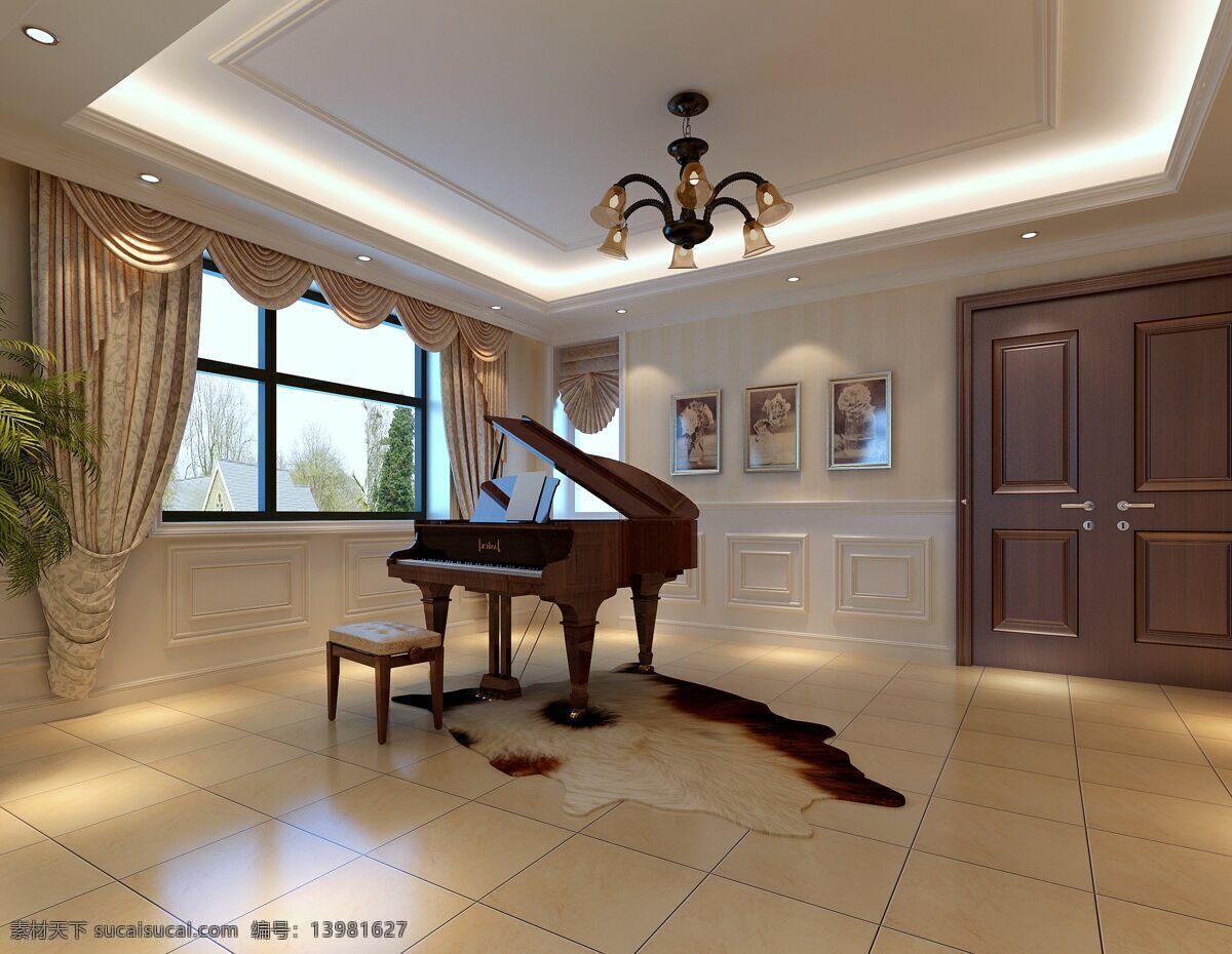 练琴室 欧式风格 吊灯 壁画 窗帘 钢琴 室内设计 环境设计