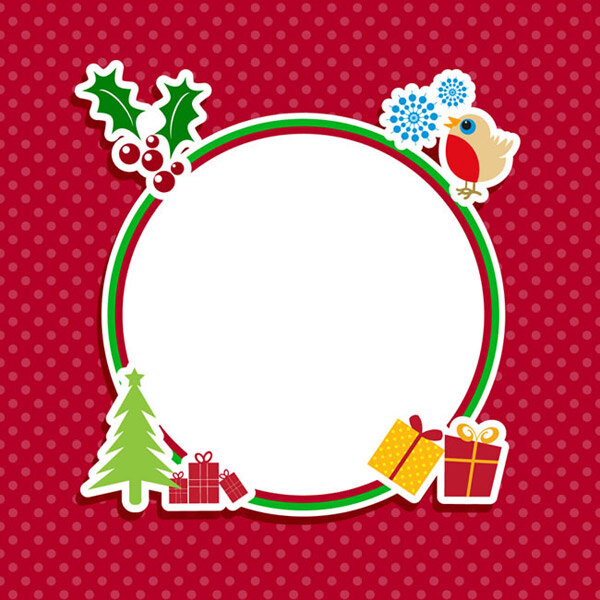 圆形 圣诞 元素 框架 矢量 边框 水玉点 圣诞树 礼盒 鸟 雪花 枸骨 剪纸 红色