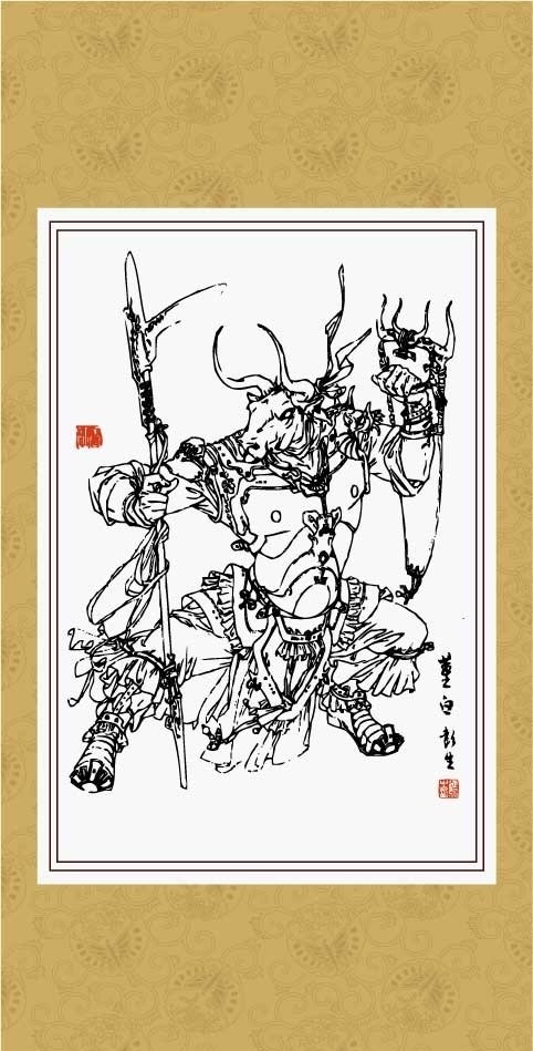 鬼狐仙怪 牛头 线描 白描 绘画 工笔 国画 鬼差 民间故事 传统纹样 传统文化 文化艺术 矢量