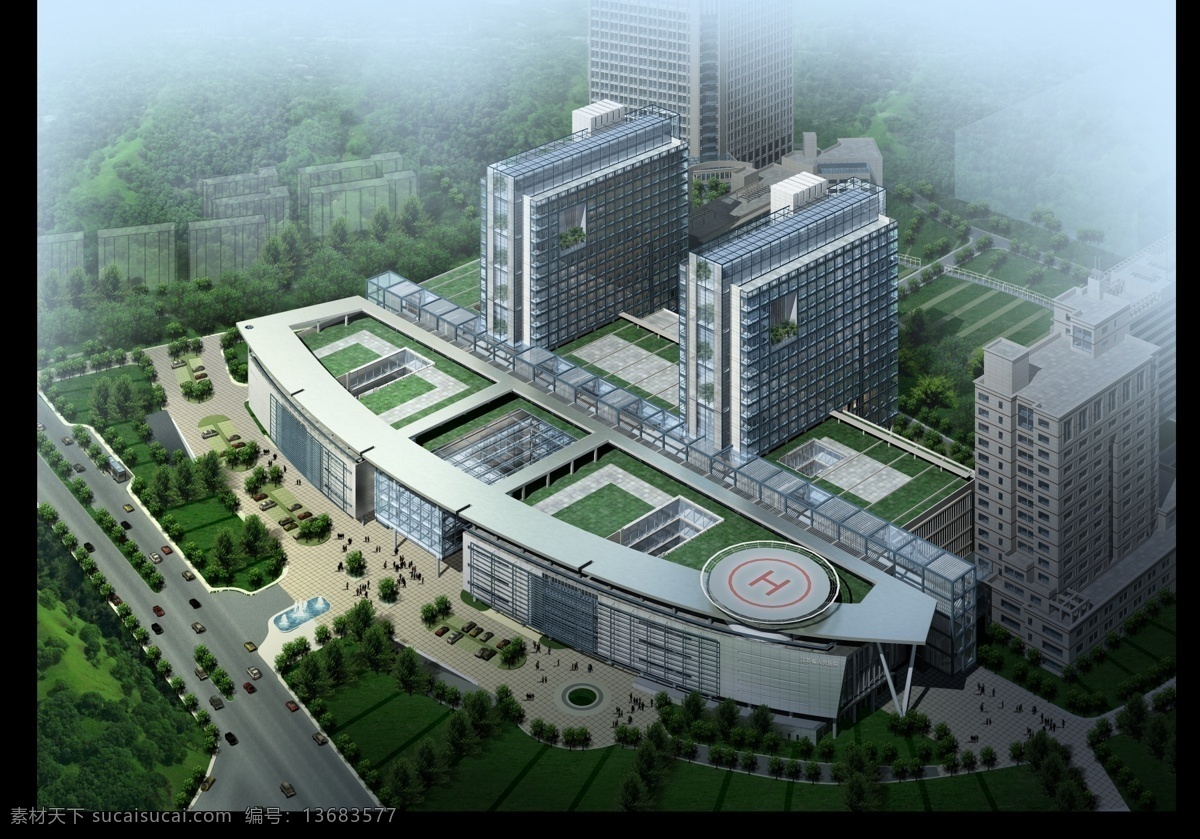 医院效果图 医院 效果图 植物 人 天空 停机坪 3d 建筑设计 环境设计 源文件