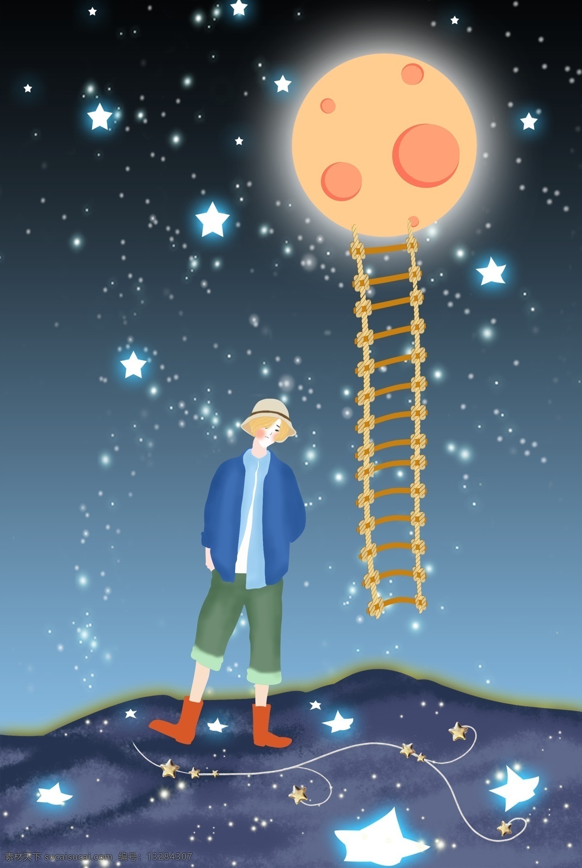 插画 月球 上 小孩 电商 淘宝 背景 唯美 手绘 星光 星星 晚上 男孩 夜色 夜景 夏天 淘宝背景