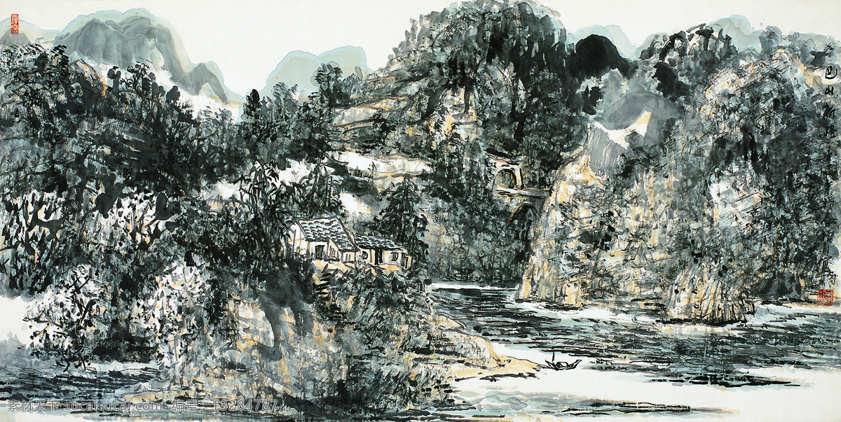 传统画 房屋 绘画 绘画书法 流水 毛笔字 山峰 树林 巴山 亭阁 小桥 小河 云雾 艺术 印章 文化艺术 装饰素材 雕刻 图案