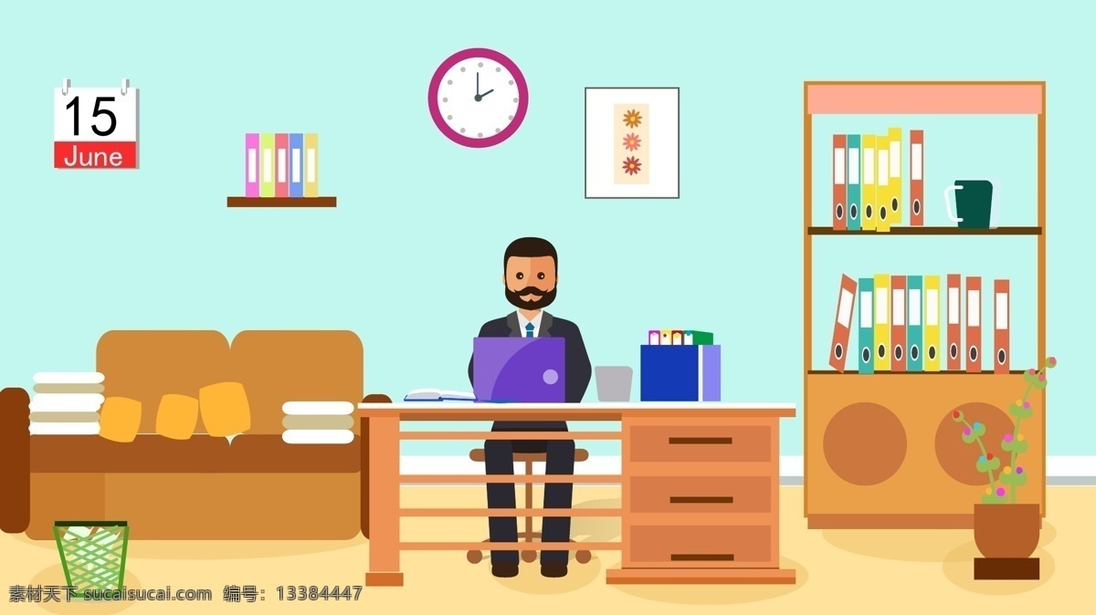 原创 办公 加班 中 人 矢量 插画 场景 人物 沙发 盆栽 加班中的人 扁平风格 矢量插画 办公桌椅 书柜 文件夹 垃圾桶