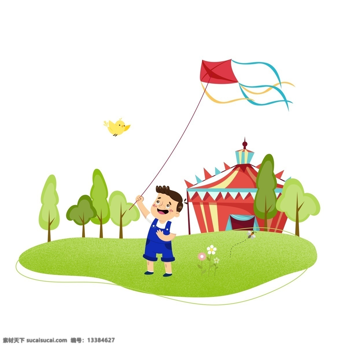 手绘 卡通 男孩 春季 放风筝 元素 春天 花朵 树木 绿色 风筝 小鸟 草坪 房屋 游玩