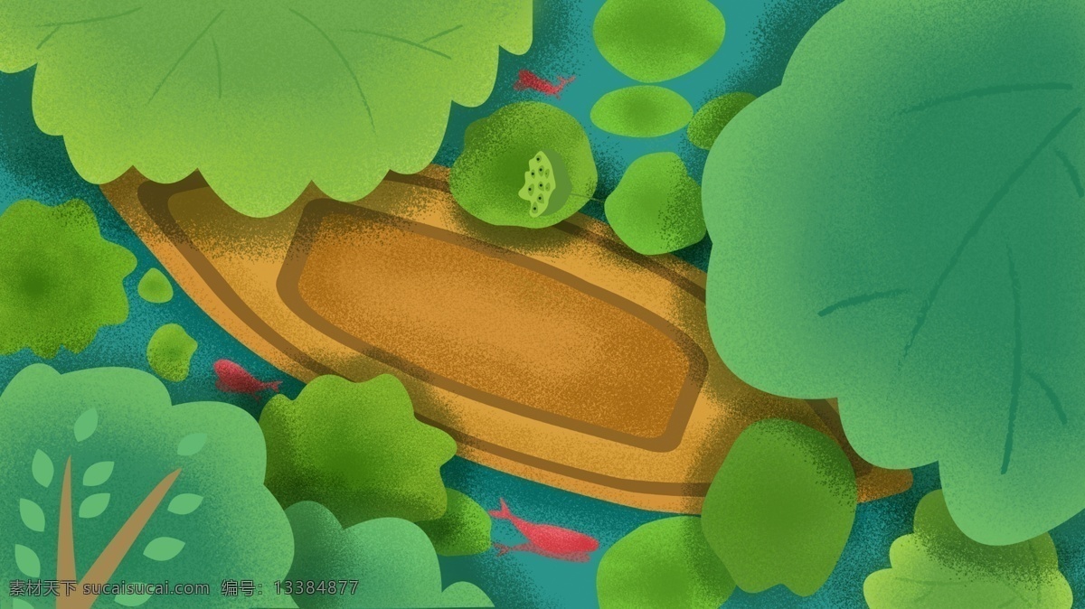 卡通 手绘 荷塘 月色 海报 背景 小清新 绿色 荷叶 小船 景色 背景模板