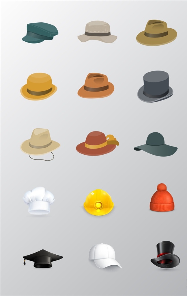 各种 样式 帽子 矢量 矢量素材 矢量图 厨师帽 博士帽 图标