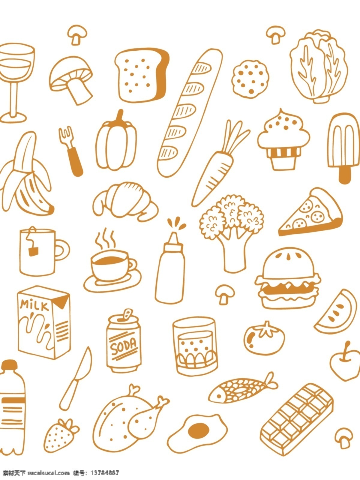 蔬菜美食线条 线条画 简笔画 美食元素 插画 美食餐单 餐饮海报 菜单 辣椒 蔬菜