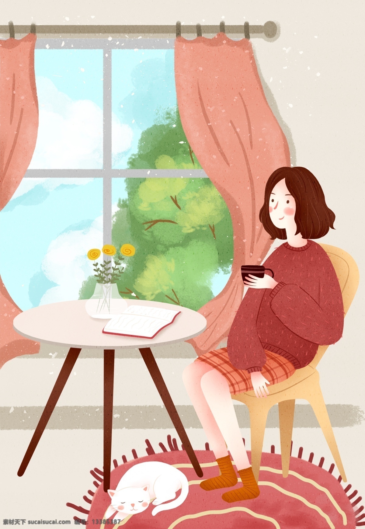 可爱 女生 喝 咖啡 休闲 娱乐 卡通 背景 可爱女生 喝咖啡 窗户 桌子 温馨