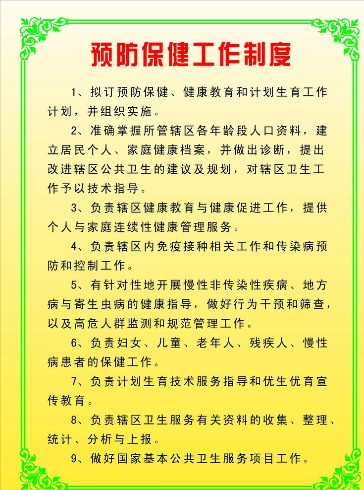 预防保健 制度 展板 卫生院 卫生院展板 村卫生所 卫生所展板 卫生所职责 卫生所 保健 工作制度 工作 展板模板 矢量