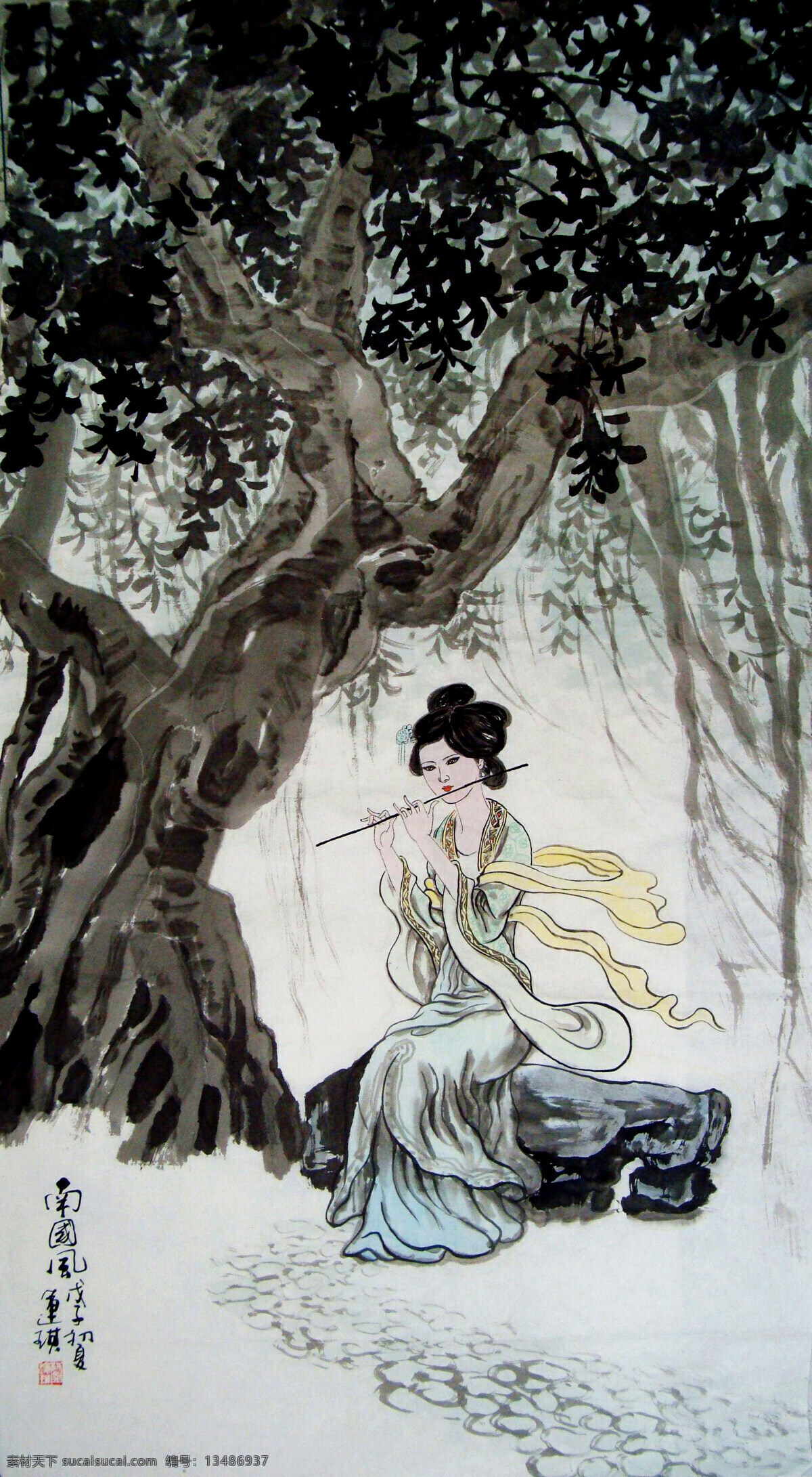 表情 彩墨画 动作 工笔画 姑娘 国画艺术 绘画 绘画书法 南国 风 设计素材 模板下载 南国风 美术 中国画 人物画 女人 仕女 女子 丽人 姿势 吹奏 榕树 书法 印章 国画集48 文化艺术 装饰素材 雕刻 图案
