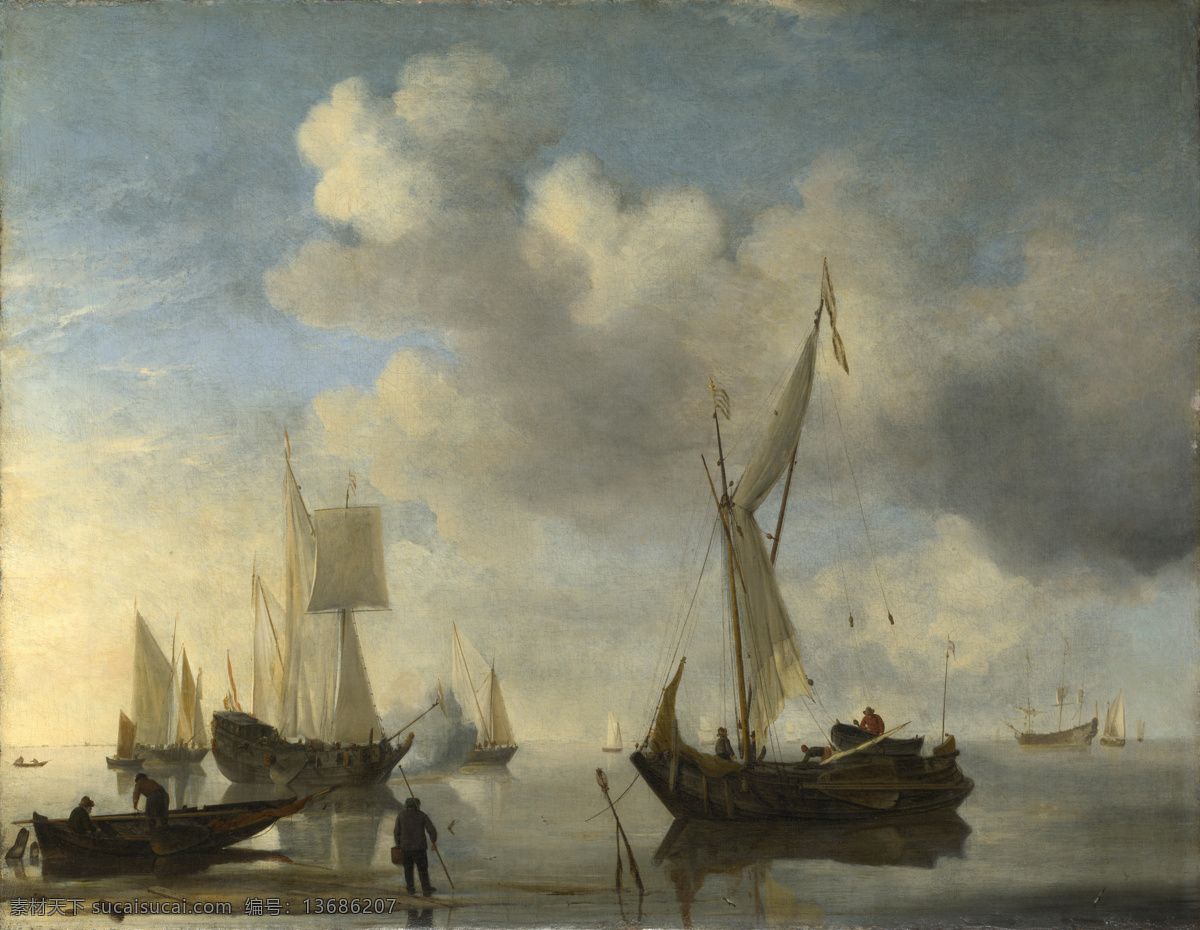 saluting 大师 画家 古典 画 建筑 景物 装饰画 油画 one calm inshore lying vessels dutch velde de van willem 人物 高清 西方 国外 现代 装饰素材
