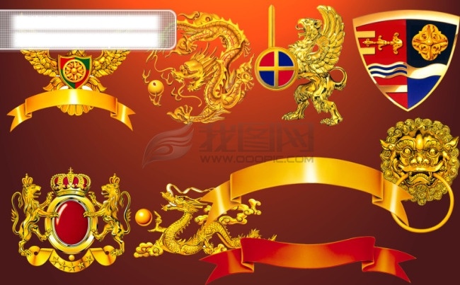 贵族 小 物件 金龙 丝带 中国古元素 族徽章 铜锁 psd源文件