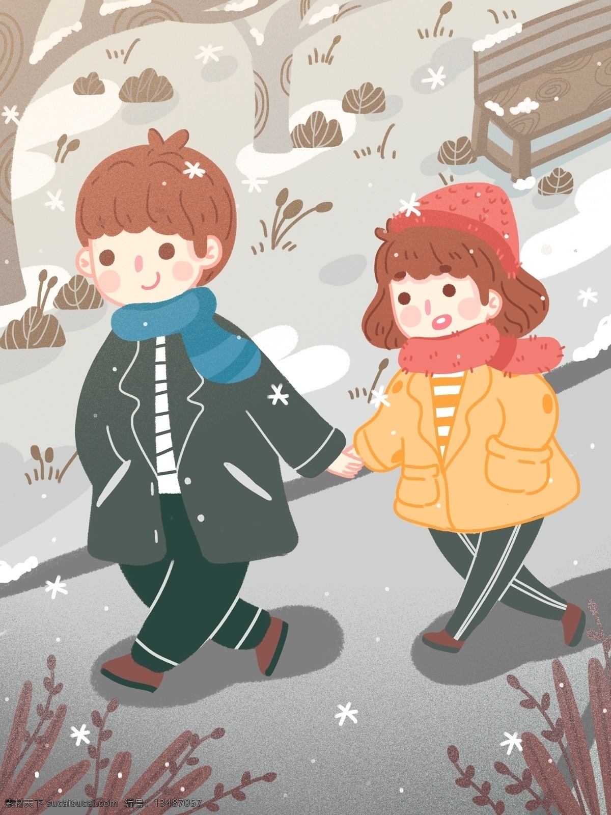 唯美 冬季 下雪天 情侣 树林 里 公园 散步 雪花 可爱 草地 扁平 治愈 温暖 温馨x 下雪 情侣日常 植物