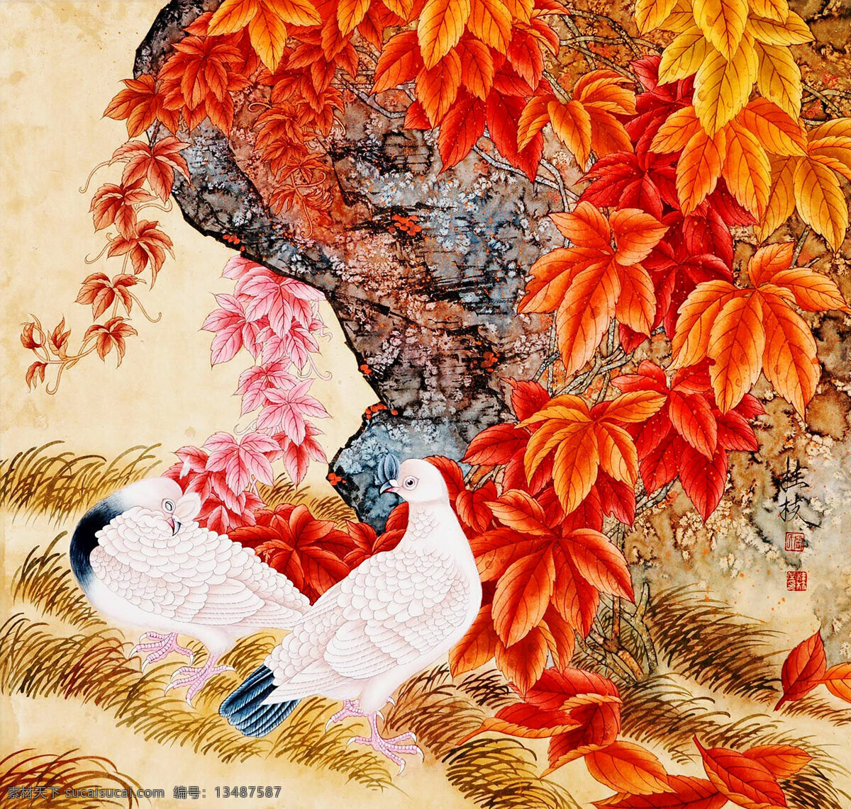 国画 树下 鸳鸯 秋季树叶 中国画 水墨画 书画文字 文化艺术