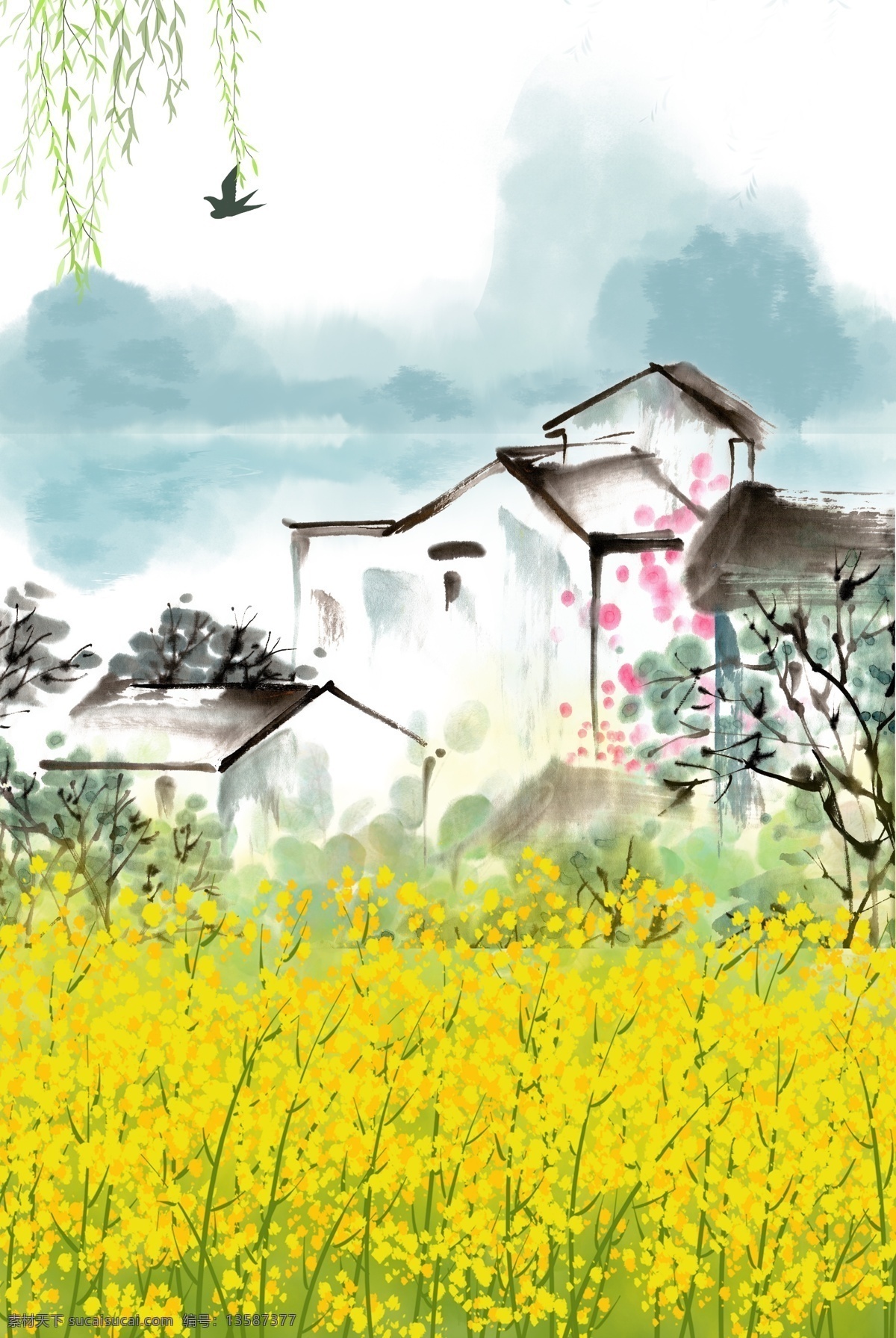 水墨 油菜花 中式 背景 水墨背景 油菜花背景 水墨画 风景画 风景 手绘背景 手绘 春天背景 初春 谷雨 立春