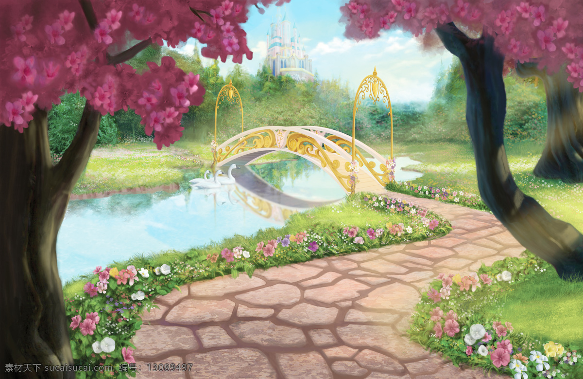 梦幻卡通背景 城堡 河水 桥 道路 大树 草地 自然风光 自然景观