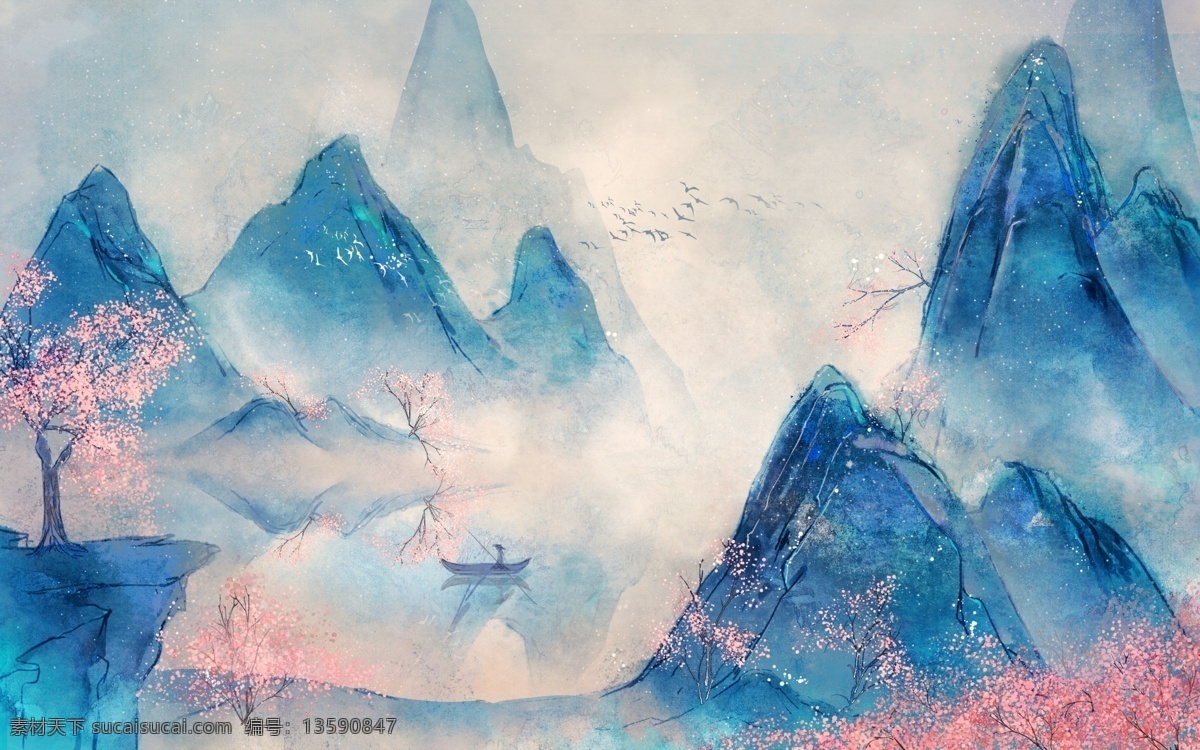 水墨 山水画 手绘 蓝色背景 背景画 山水插画 水墨画 中国 蓝色 山水 装饰画 蓝色水 中国装饰画 中国山水 中国水墨 中国蓝色 蓝色山水 水墨山水画