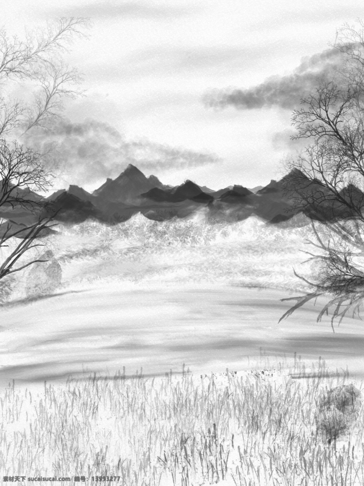 大气 黑白 树枝 草地 云朵 全 原创 手绘 风景 水墨 山水 背景 场景 远山 h5 广告背景