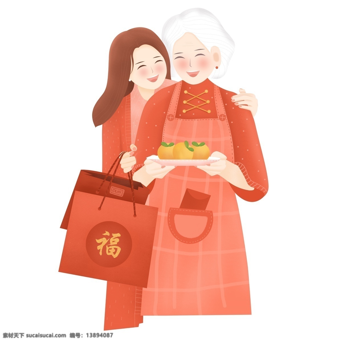 新年 喜庆 母女 人物 插画 透明元素 png元素 免抠元素