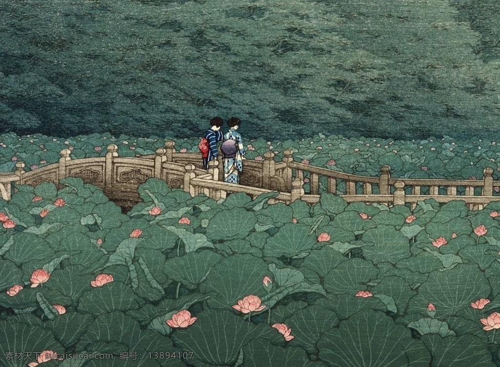 绘画 荷塘 荷花 和服 色彩 风景
