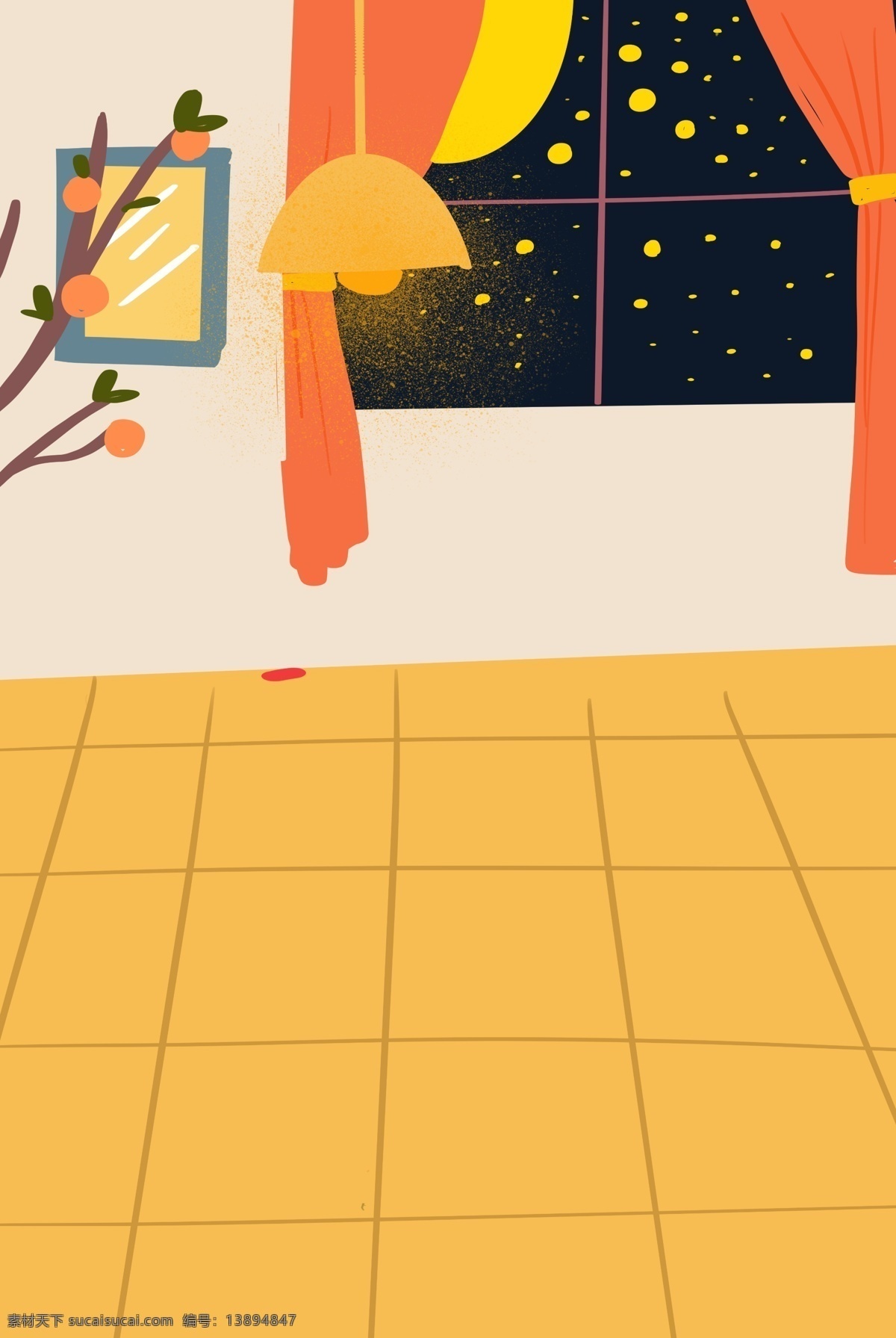 卡通 夜晚 家居 背景 窗户外面夜景 黄色的瓷砖 星空 开灯 家 卡通家