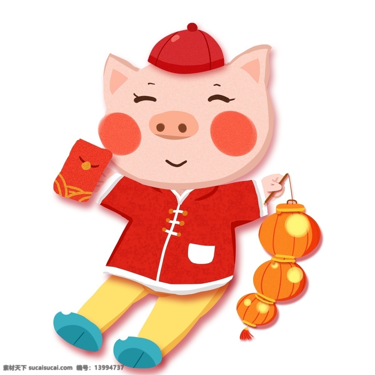 新年 喜庆 灯笼 红包 小 猪 卡通 插画 小猪 春节元素 2019年 猪年 小猪形象 猪年形象