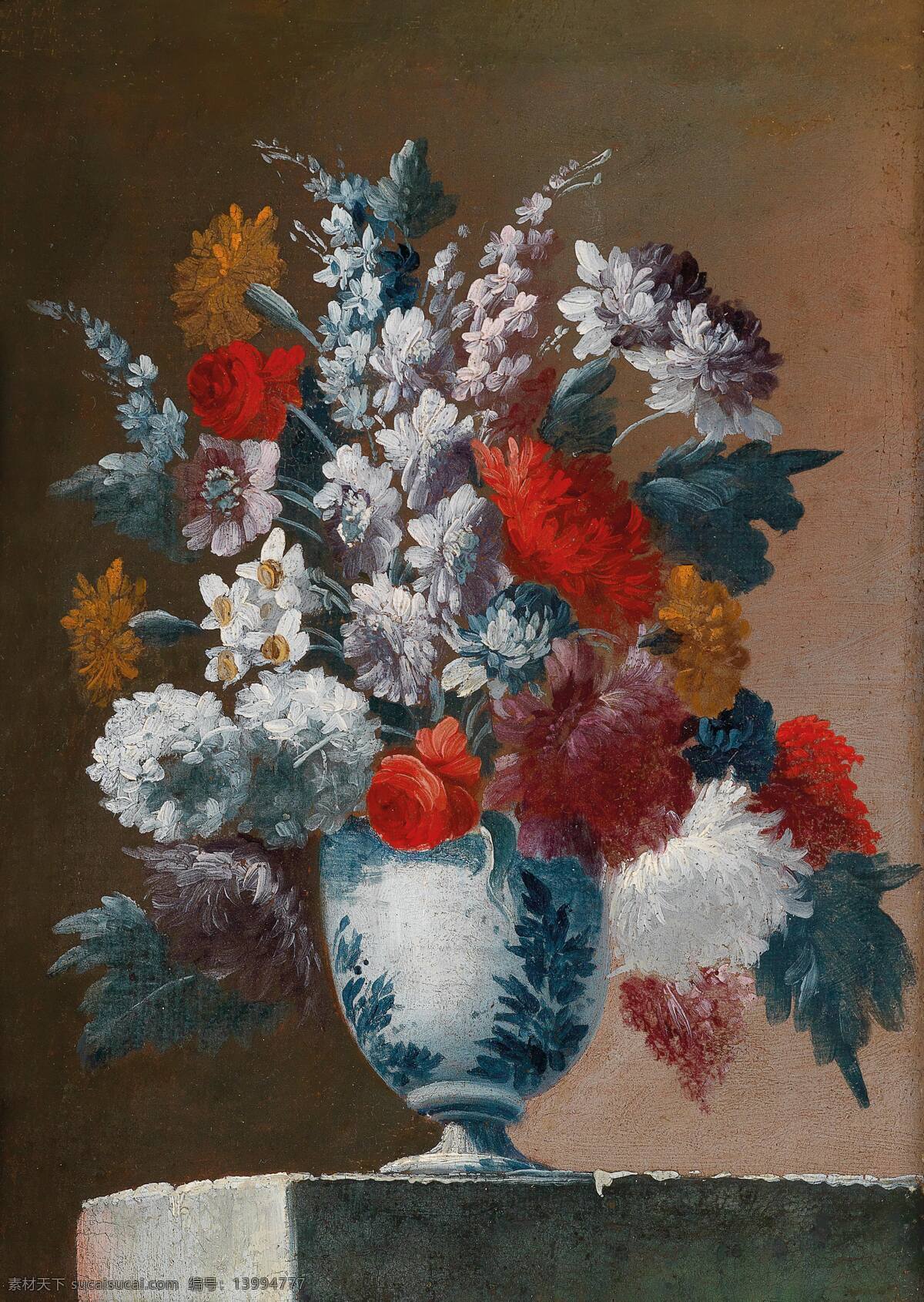 朱 塞 佩拉 瓦尼亚 作品 静物鲜花 混搭鲜花 蓝色条纹花瓶 水泥台 古典油画 油画 文化艺术 绘画书法