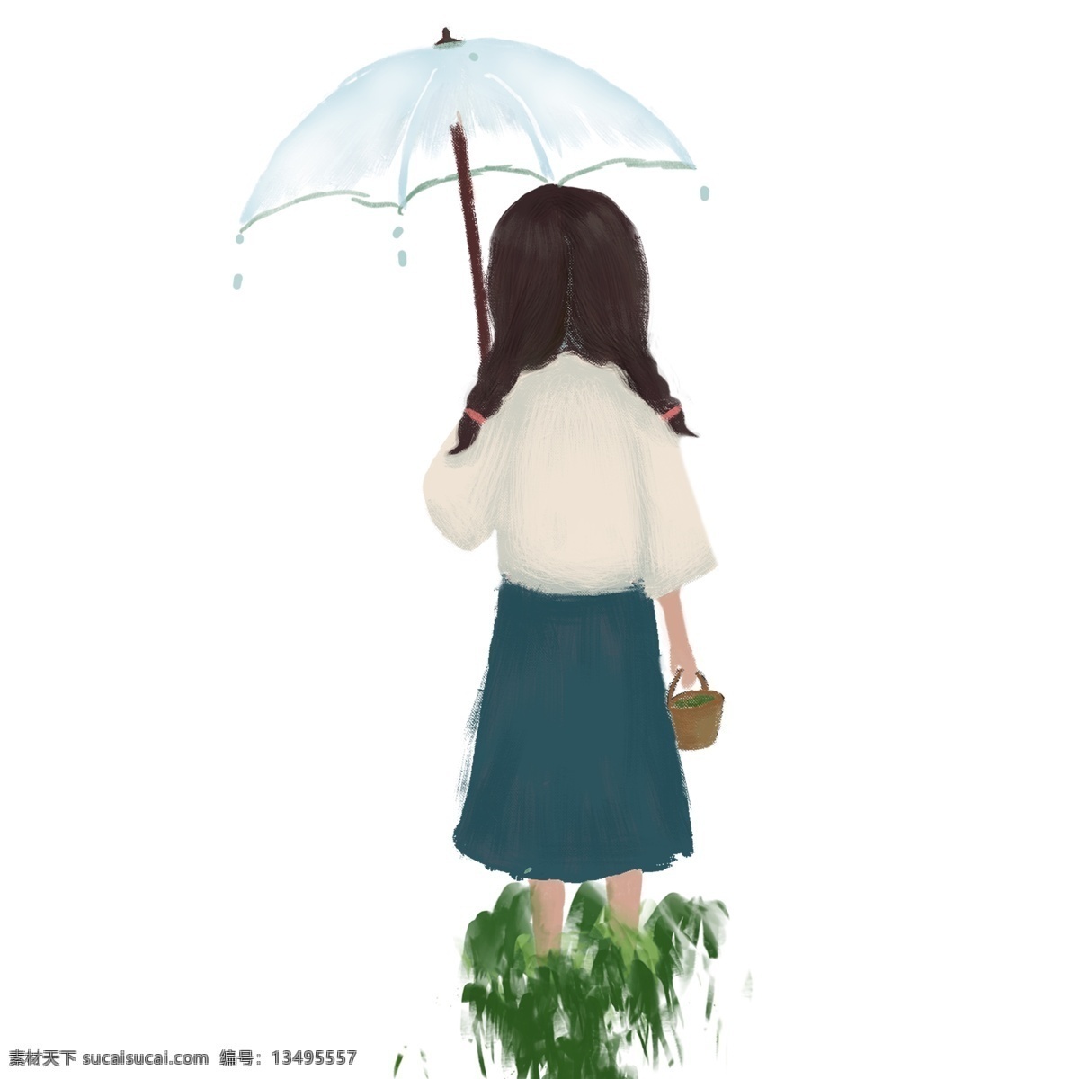 雨 中 撑 伞 漫过 草地 小女孩 背影 免 抠 图 撑伞 扎 麻花 辫 穿着 裙子 提 篮子 小姑娘