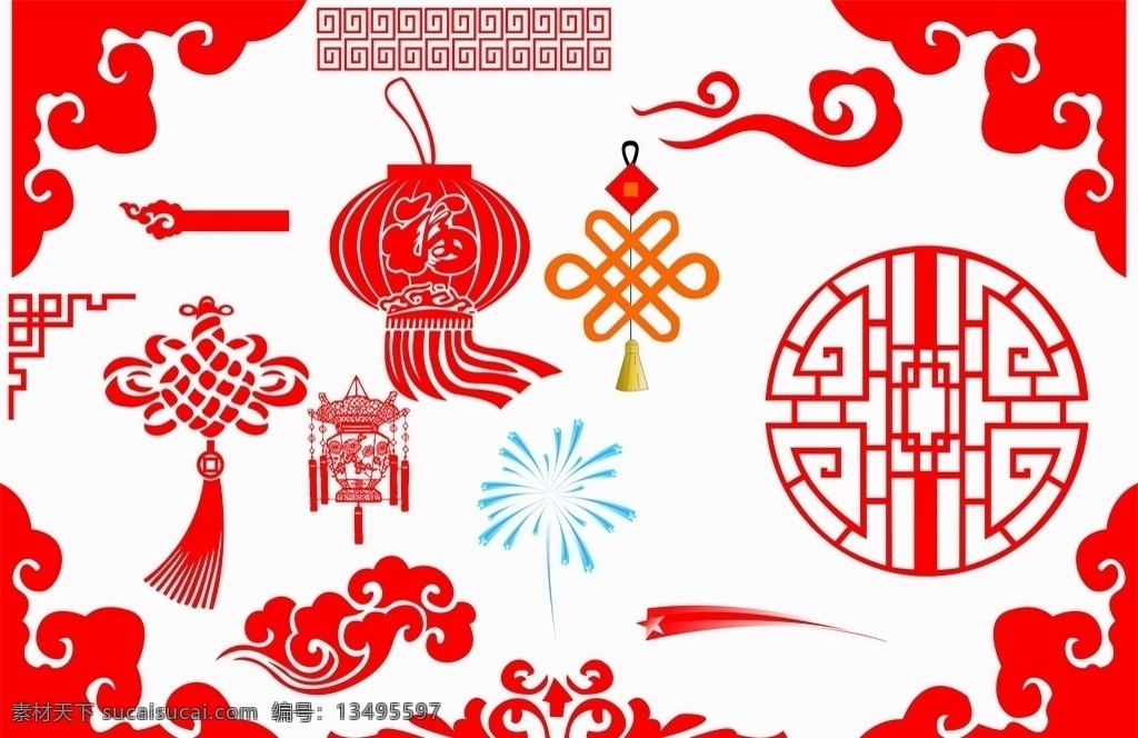 新年元素 中国 灯笼 红色 剪纸 中国结 花纹 烟花 分层