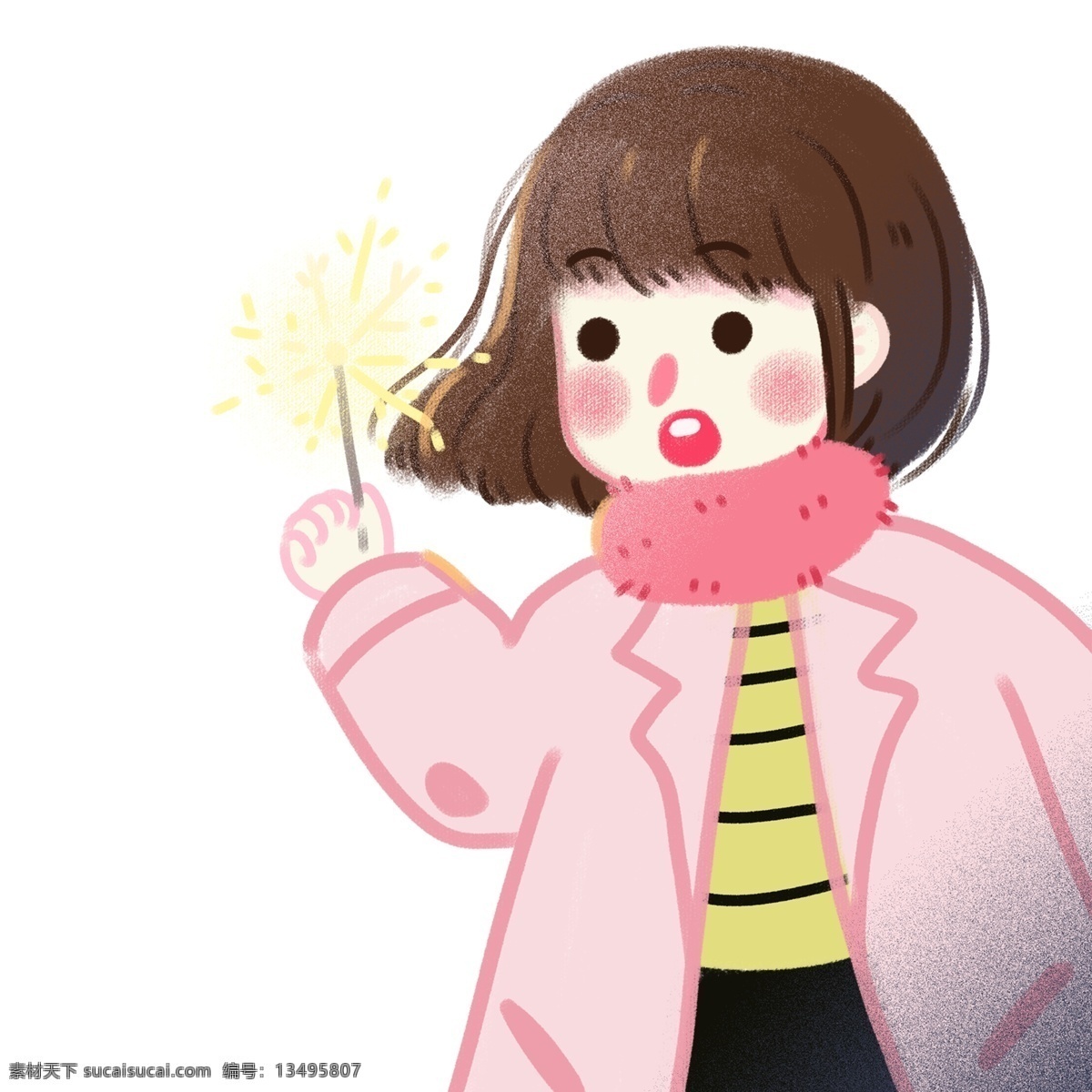 卡通 可爱 玩 烟花 女孩 人物 春节 新年 2019年