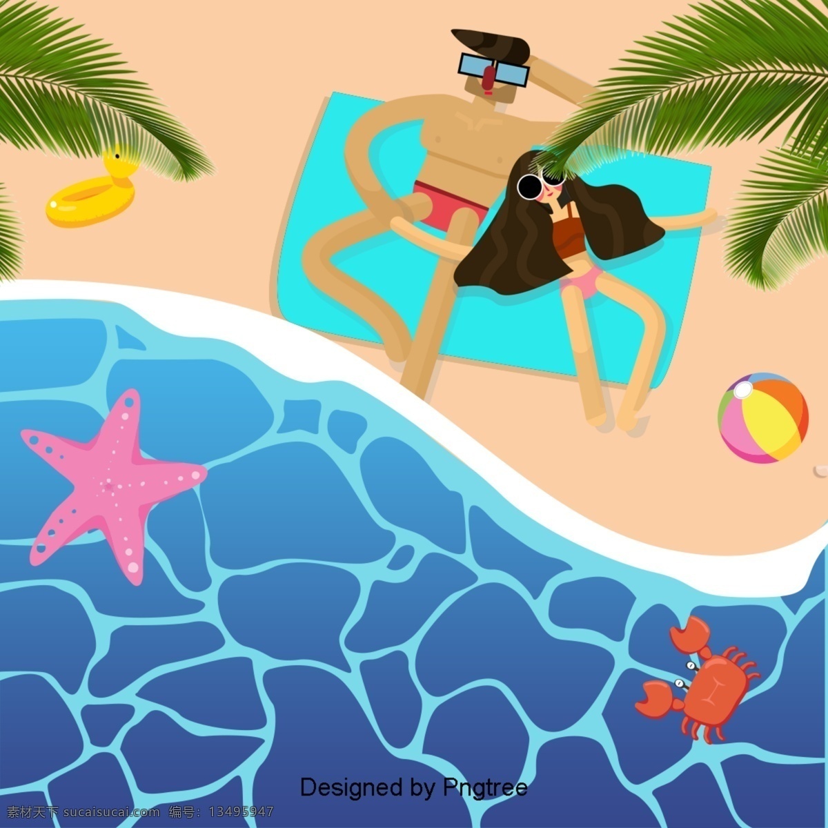 美丽 的卡 通 可爱 手绘 夏季 海滨 度假 漂亮 卡通 夏天 海边 假日 游泳 圈
