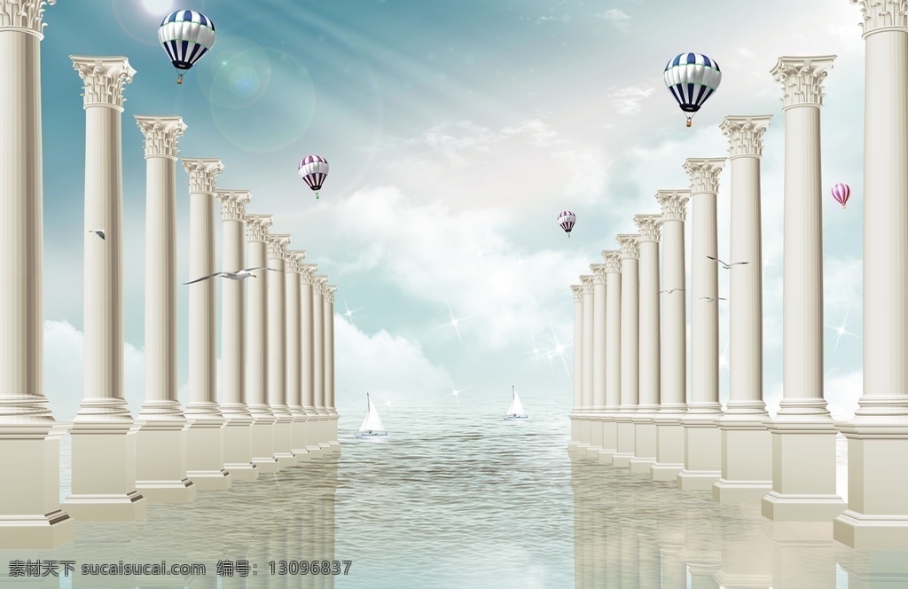 3d背景 3d 立体 户型 空间 粉红色 玫瑰 花卉 罗马柱 热气球 天空 水 分层 电视背景墙 装饰画 背景墙系列