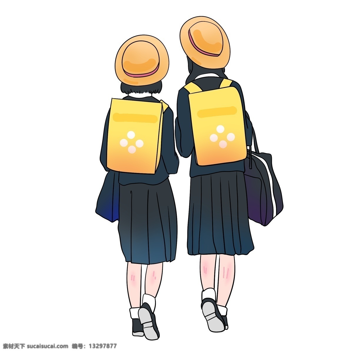 穿 校服 女 学生 上学 开学季学生 穿校服女学生 黄色书包文具 好朋友 闺 蜜 插画 学生背影 卡通学生