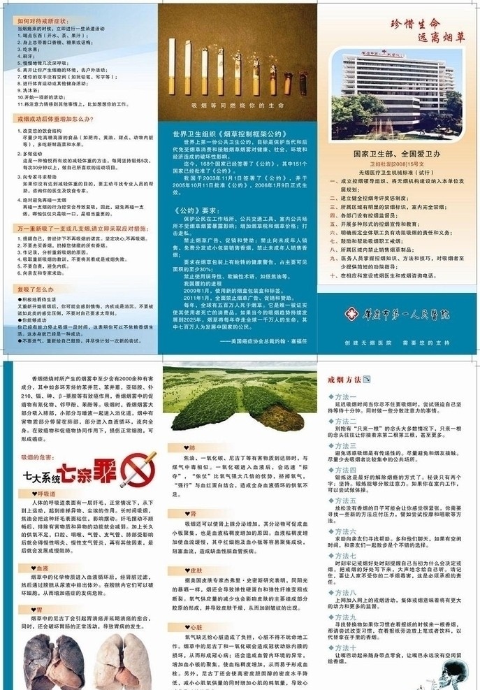 禁烟三折页 禁烟 烟 禁 绿色 地球之肺 呼吸 黑肺 白肺 白骨 医院 蓝色 折页 宣传单 广告 矢量 吸烟 戒烟 树叶 烟头 烧焦 生命 爱 医院大楼
