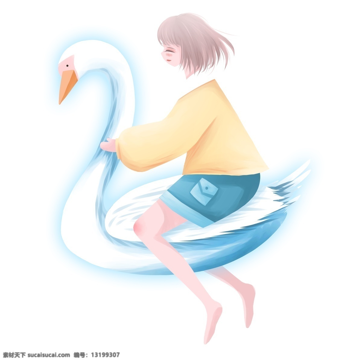 清新 可爱 乘着 天鹅 少女 卡通 女生 插画设计
