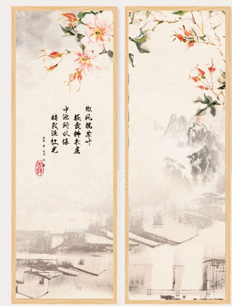 中国 风 唯美 装饰画 新中式 文艺 花鸟 江南 绘画 装饰 画 写意 春风 书法设计 水墨 枝梢 飞鸟 夕阳 山川 河流 组合 背景素材 分层